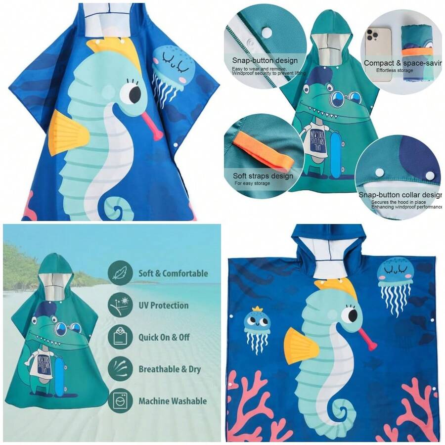- Toalla de playa con capucha para niños, poncho de algodón súper suave y absorbente para niños y niñas, uso en la piscina y en - A - Ver 1