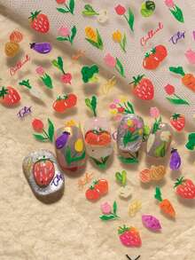 1 Sheet Farmhouse Style Nail Art Stickers, Featuring Strawberry, Cherry, Carrot, Eggplant, Mushroom, Broccoli, Tulip And Small Flowers, Fresh And Cute Style, Full Of Playfulness And Vitality, Suitable For Spring And Summer Nails - Multicolor - View 6