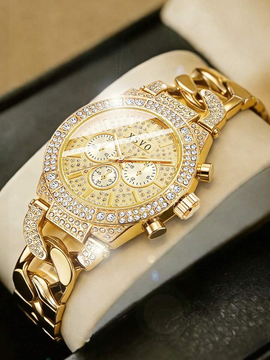 1pc XSVO Men's Full Steel Fully Iced-Out Multifunctional Chronograph Quartz Watch, Luxury Sparkling Party Exclusive - one-size - View 1