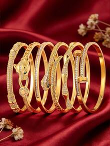 6/1pc - Personalized And Stylish Atmosphere Gold-Plated Bracelet Combination, Copper Texture Style+Stainless Steel Zirconia Inlaid Style, Shining White, Suitable For Various Dressing Scenes - Gold - View 6