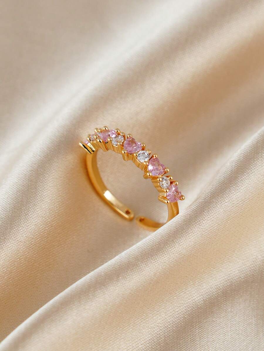 1枚优雅粉色立方氧化锆戒指，适合女性日常佩戴、订婚、婚礼、派对、宴会等场合，铜质首饰 - 金黃色 - 查看 1