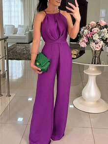 女士吊带系带阔腿连体裤，优雅连体裤，性感舒适，适合派对、鸡尾酒会、办公室、夏季度假等场合 - 紫色 - 查看 2