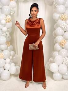 AIJ Amarilo Women's Solid Satin Wide Leg Jumpsuit - Sleeveless Cinched Waist, Elegant For Commuting, Spring/Summer - Reddish Brown - View 5