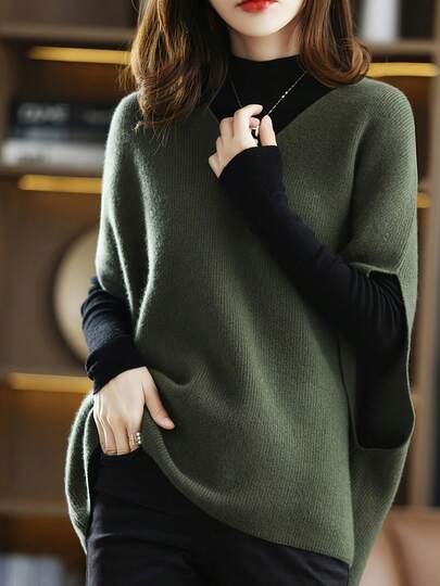 Recomendado[Nombre del producto]Elegante chaleco de manga de murciélago con cuello en V| Sin base, color de contraste, top de ajuste holgado para la temporada de primavera/otoño