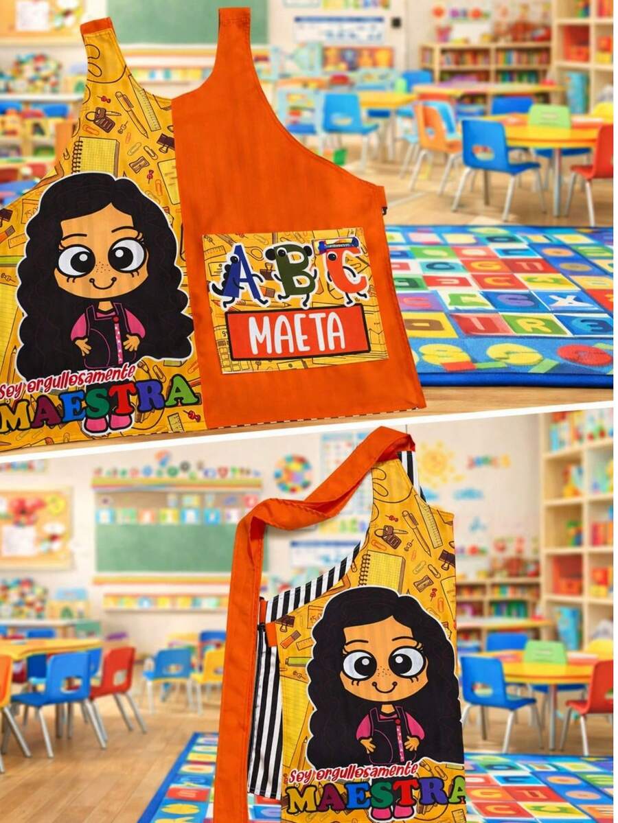 Bata para educadora en sublimado con bolsa delantera y tirantes ajustables cruzados en espalda - Naranja - Ver 1