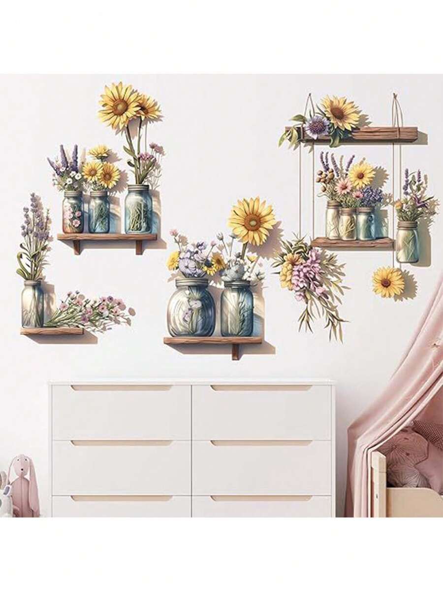 2pcs Sunflower Wall Decor Set, Self-Adhesive Removable PVC Material, Create A Warm And Bright Living Room Wall Accent, Floral Shelves Wall Sticker, Instantly Transform Bedroom Or Hallway Into A Charming Garden, Easy To Apply, Bring A Cozy Ambiance To Any Room - Sunflower - View 1