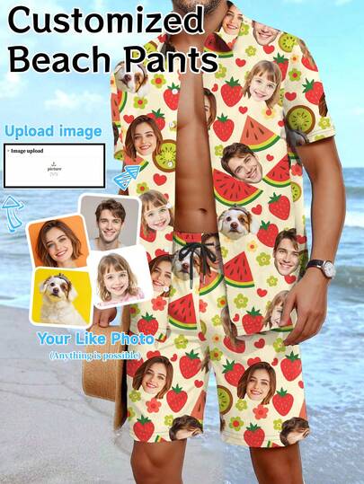 Customized Hawaiian Vacation Shirt And Shorts Set For Men, Personalized With Portrait, For Boyfriend, Friend, Child's Anniversary, Birthday, Holiday