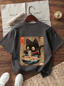 男童休闲印花圆领短袖T恤，夏季上衣 - 深灰色 - 查看 2