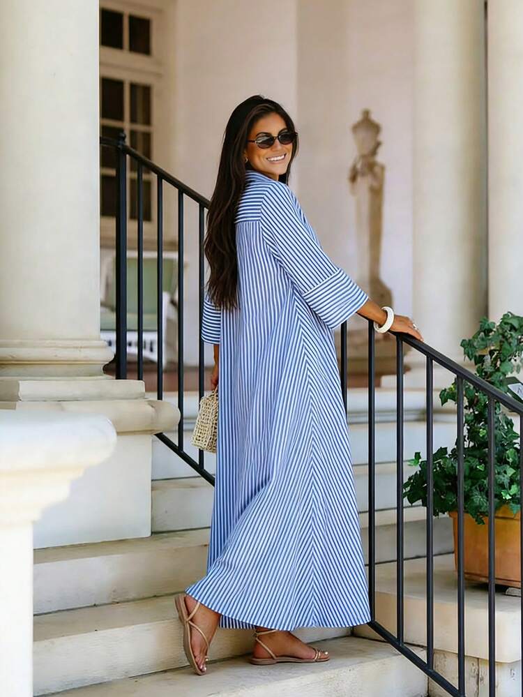 Đầm sơ mi kẻ sọc nhiều màu sắc thời trang xuân/hè mới dành cho nữ, kiểu dáng thường ngày đa năng phù hợp cho đi chơi và du lịch, chi tiết cúc cài phía trước tương phản, chân váy xòe chữ A thanh lịch - Màu xanh nhạt - Xem 6