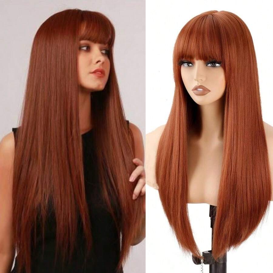 26 Inch Ginger Straight Wig, Bangs Wig, Synthetic Wig, Suitable For Daily Wear And Parties - Multicolor - View 1