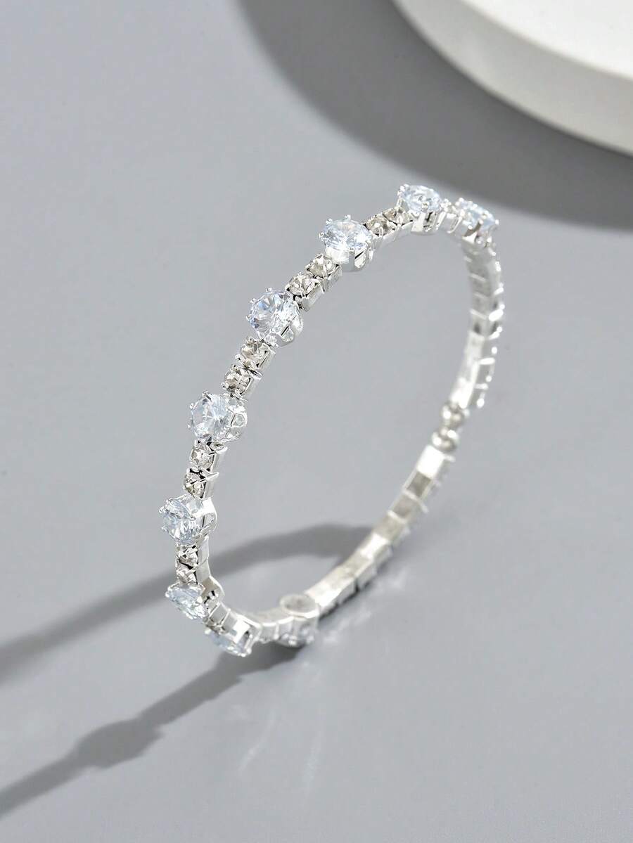 1pc Women's Elegant Fashion Shiny Rhinestone Round Open Cuff Bracelet, Suitable For Daily Wear - Silver - View 1