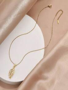 1件金色不锈钢镀金链，镶嵌立方氧化锆3D叶子吊坠项链，男女皆宜的复古简约时尚休闲佩戴，适合日常、假日、派对等场合。 - 金黃色 - 查看 4