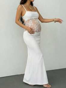 Abito da donna incinta in pizzo bianco con spalline a spaghetti, stile sirena, abito da maternità per servizio fotografico, con pancia scoperta, adatto per gravidanza di media-tarda fase, primavera - Bianco - Visualizzare 4