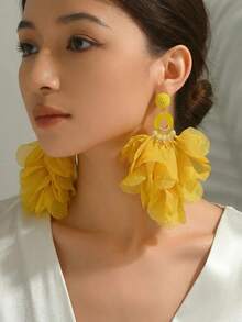 1对手工制作黄色雪纺布花朵流苏耳环，适合女性参加派对、舞会、热带海滩度假等场合，波西米亚风格饰品 - 黃色 - 查看 1