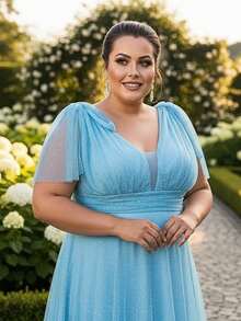 Grife Velasco Plus Size Party Dress, Bridesmaid Dress, Elegant, Side Slit, Sparkly - 淺藍色 - 查看 5