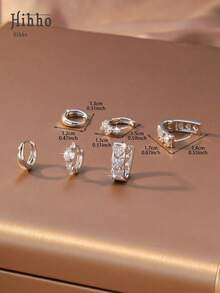 Hihho 6件套时尚奢华银色心形耳环，单钻锆石无尽耳环，百搭日常佩戴 - 耳圈 - 查看 6