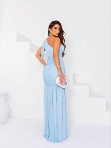 Midi/Long Party Dress In Lined Tulle - Single Strap - For Bridesmaids, Guests And Graduates - 寧靜藍 - 查看 2