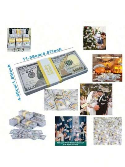 300/600/1000张逼真道具钞票，尺寸4.65*1.94英寸，适用于电影、视频、生日派对、情人节、新年、婚礼和节日等场合（注意：仅限道具用途）