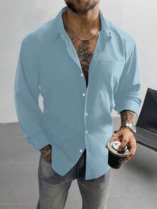 男士长袖纽扣衬衫，纯棕色，适合婚礼、办公室、工作、正式聚会等场合，复古风格，父亲节/男友礼物，简约白/黑衬衫 - 淺藍色 - 查看 6