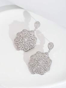 1 Bộ bông tai thiết kế hình hoa đính đá Cubic Zirconia sang trọng, phù hợp cho nữ giới dự tiệc cưới và các sự kiện, không kèm hộp quà. - Bạc - Xem 4