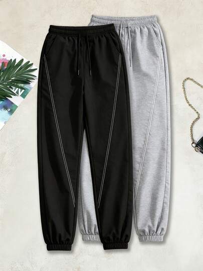 女士轻便束口运动裤 - 侧条纹设计，宽松抽绳款式，适合户外活动、健身、旅行和日常休闲穿着