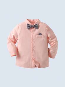 BOARNSEORL 2 pièces Tenue de gentleman pour bébé garçon, chemise à manches longues avec nœud papillon et salopette, mode et convient pour l'anniversaire, l'événement, l'extérieur, le mariage - Rose bonbon - Voir 7