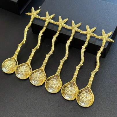 【海洋之星】金银星形勺子套装 - 6件套，完美适用于海边婚礼和派对甜点 - 优雅的咖啡茶匙