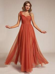 EVERPRETTY 春季单肩花卉贴花高开衩薄纱焦橙色伴娘礼服优雅婚礼宾客礼服 - 亮橙色 - 查看 6