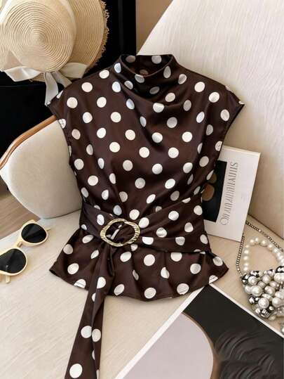 Women's Brown Polka Dot Sleeveless Blouse - Mock Neck, Metal Buckle Belt, Front Pleats, Slim Fit, Lightweight Breathable Fabric - Retro Elegant Fashion - Suitable For Dates, Work Commute, Cocktail Parties, Daily Wear, All Occasions, Spring/Summer New Arrival