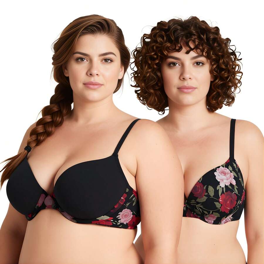 Women's Plus Size Perfect Shape Add 1 Cup Push Up Underwire Bras - Black Print, Black(2 Pack) - View 1