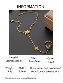 1pc Stainless Steel Unique Design Matte Butterfly Titanium Steel Beads Women Hand Chain Bracelet Ring Combo (Bead Quantity & Position Random) - Gold - View 4