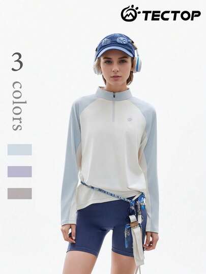 TECTOP 女士1/4拉链高领长袖T恤，透气舒适，适合健身跑步运动。