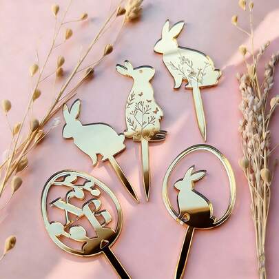 2pcs/3pcs/7pcs/14pcs Gold Mirror Acrylic Rabbit Cake Topper, Suitable For Easter Wedding Birthday Party Decoration
