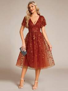 EVERPRETTY Đầm dạ hội màu cam tươi sáng, tay áo cánh bướm đính sequin họa tiết hoa, thích hợp cho các buổi tiệc và liên hoan mùa xuân. - Màu Cam cháy - Xem 6