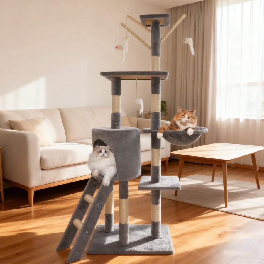 7Sevenjokers Multi-Tiered Large Cat Scratching Post, Height 139cm | Cat House With Platform And Hammock-Style Cat Bed | Activity Centre Featuring Four Sisal Scratching Posts | Light Grey Indoor Kitten Toy Tower - Cây leo cho mèo màu xám, cao 139cm. - Xem 1