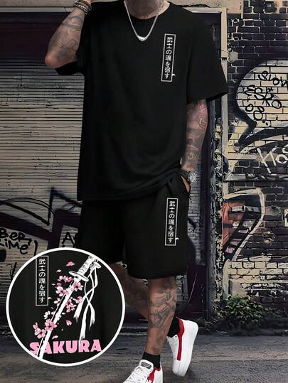 Men's Standard Size Summer Creative Japanese Sakura Samurai Sword English Graphic Print Casual Commuter Round Neck T-Shirt Set - Blank Tee