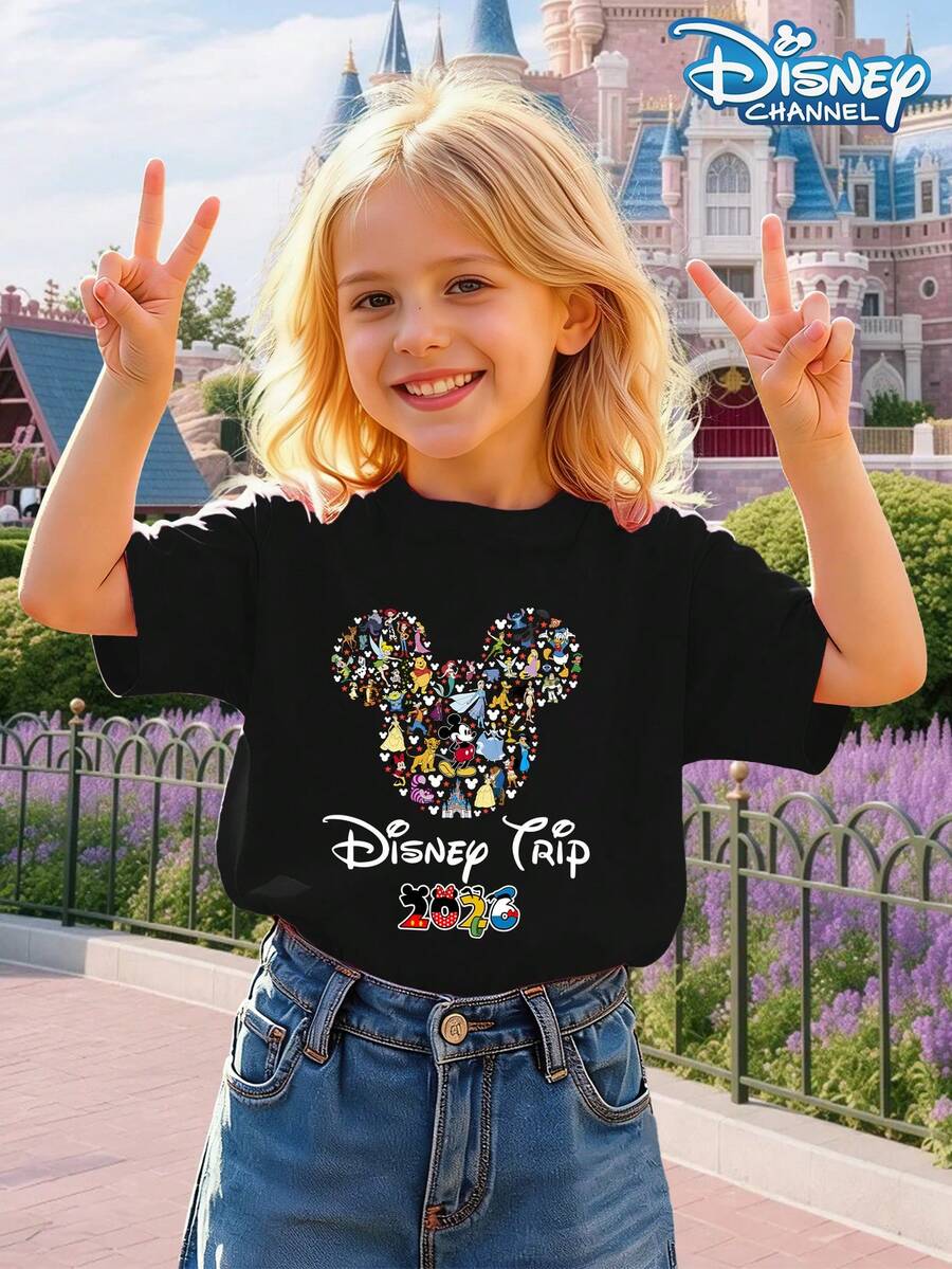 Disney Girls' T-Shirt With Mickey Mouse Head Patchwork, Disney Character Print, Disney Trip 2026 Text Pattern, Cute And Casual Style, Summer, Disney Theme Park Trip, Girls' Round Neck Short Sleeve. - màu đen - Xem 1