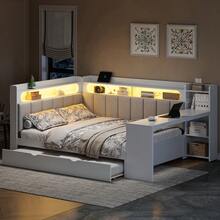 MERAX Full Size Daybed With Storage Shelves,Trundle,Charging Station,LED Light,Desk And Upholstered Headboard And Backrest,White+Beige-Trundle - Giường cỡ lớn - màu trắng (có giường kéo phụ) - Xem 2