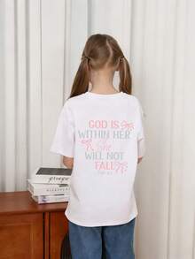 Áo thun in khẩu hiệu "Chúa ở trong nàng, nàng sẽ không sa ngã - Thi thiên 46:5" dành cho bé gái tuổi teen, chất liệu mềm mại và thoải mái, thích hợp cho các bé gái mặc khi đi du lịch, nghỉ mát, chơi thể thao ngoài trời, mặc hàng ngày, đi chơi thông thường, lựa chọn tốt nhất! Áo thun thời trang đa năng dành cho bé gái tuổi teen mùa xuân và mùa hè. - trắng - Xem 2