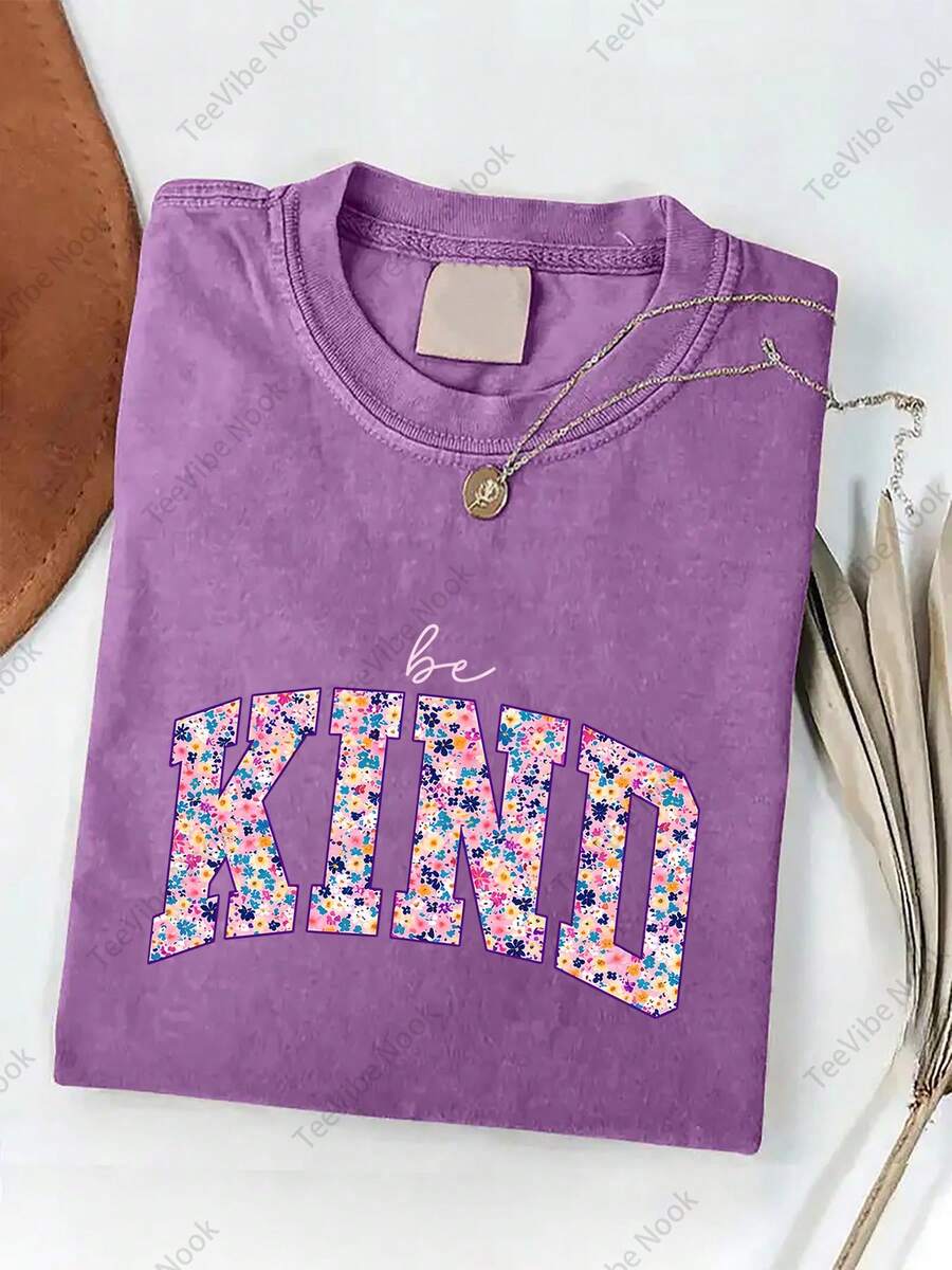 2026 Washed Cotton, Choose Kindness And Wear It On Yourself Printed T-Shirt, High-Quality Batik Cotton Vintage Fashion Brand T-Shirt, Women's T-Shirt, - 紫色 - 查看 1