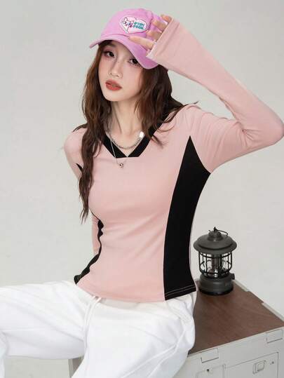 JUTU 春秋 V 领修身撞色长袖 T 恤，舒适休闲女装