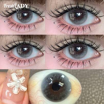 FRESH LADY Freshlady 1 Pair , 14.20 Mm, Yearly Use, Grey Color Eyes Cosmetic Lenses, Natural Mixed-Style Circle Lenses, Eye Beauty Makeup For Work, School, Daily Wear, Party, Gift For Friends