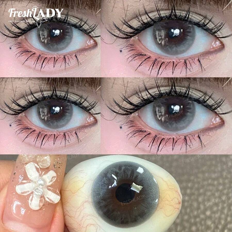 FRESH LADY 1 Paio di Lenti a Contatto Cosmetiche Freshlady, Diametro 14,20 mm, Uso Annuale, Colore Grigio, Lenti a Contatto Circolari Naturali Stile Misto, Trucco per Occhi, Adatte per Lavoro, Scuola, Uso Quotidiano, Feste, Regalo per Amici
