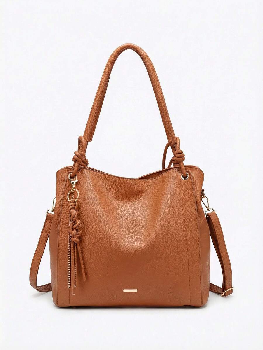 Minimalist Hobo Shoulder Bag With Slouchy Knot And Tassel Detail, Large Capacity - Camel - View 1