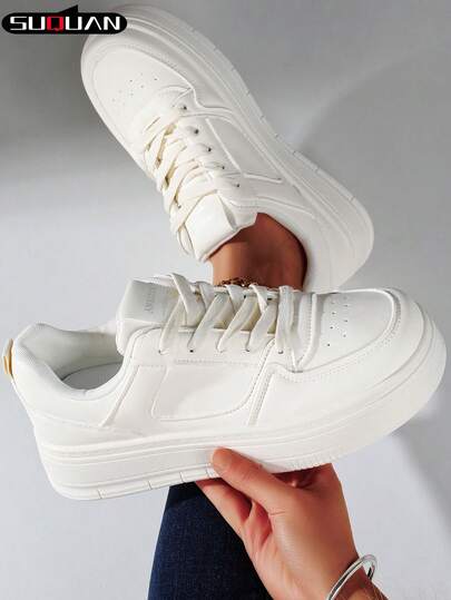 2026 New Women's Minimalist Beige Chunky Sole Platform Sneakers, Sleek Design, Comfortable & Elevated, Versatile For Daily Commute & Chic Casual Outfits