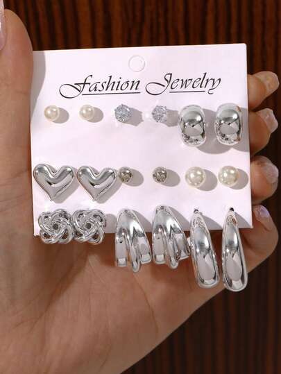 18pcs Fashionable Minimalist Elegant Vintage Design Rhinestone Heart, Faux Pearl, Twist Knot, Round Bead, Smooth C-Shaped Metal CCB Earrings Set, Suitable For Holiday, Party, Date, Daily Wear As Gift
