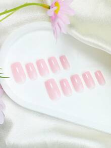 24pcs Medium Square Press On Nails Solid Press On Nails Light Pink Y2K Design Minimalist Style Surface Glossy Full Cover Fake Nails For Women And Girls Daily Wear - Baby Pink - View 2