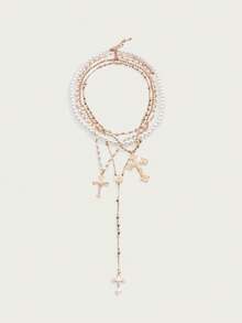 4pcs/Set 14k Gold Plated Multi-Layer Beaded Cross & Virgin Mary Necklace, Suitable For Vacation, Prayer, Baptism Wear - Style 9 - View 7