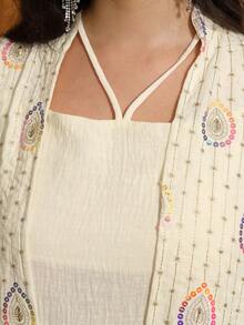 2026新款斋月传统优雅刺绣串珠连衣裙套装，包括长袍、内衬连衣裙和袖套，时尚高贵。 - 杏色 - 查看 4