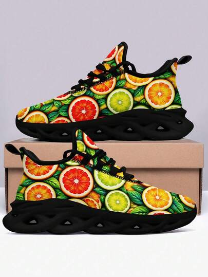 Summer Fruit Plus Size Men's Wide Fit Peach And Orange Print Lightweight Running Sneakers, Breathable Lace-Up Casual Sport Shoes For Men And Women